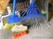 Two nice leaf rakes, dirt spade, dirt rake, pitch fork, drain spade, wall mount hose keeper, more.