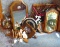 Framed wall decorations including votive holders, mirror, clock, more. Mirror measures 22