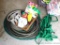 Garden and soaker hoses; wall mount hose hanger; partial box of Scotts rose food; more.