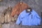 Three men's' jackets in good shape. Leather jacket is size medium, as is blue jacket. Other is a