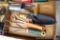 Fiskars garden trowel, plus bulb planter and two garden forks.