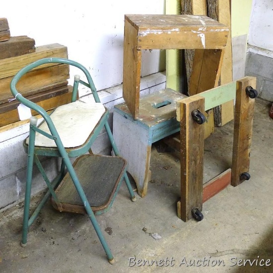 Metal folding stool; 2 wooden stools 17-1/2" x 18-1/2" x 11-1/2"; homemade wooden rolling cart.
