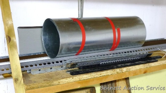 Metal brackets with adjustment holes, longest is 48"; partial roll of metal flashing and more.