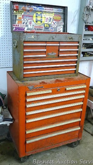 Combination top and bottom tool box. Top is Craftsman 26" x 19" x 12". Bottom is Vulcan 31-1/2" x