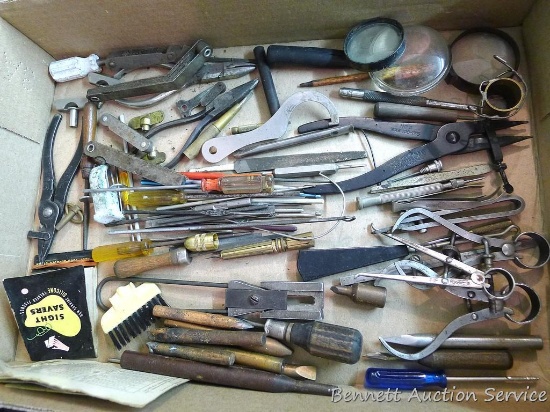 Calipers; Starrett dial indicators; magnifying glasses and more.