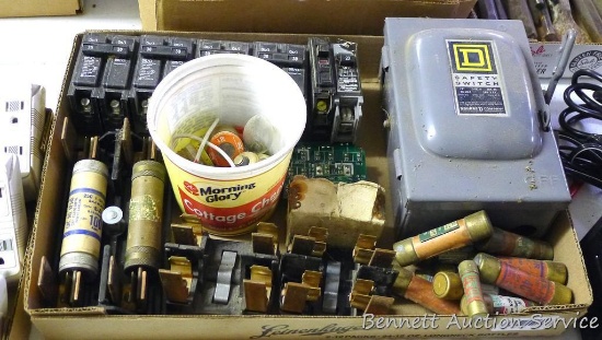 Electrical fuses, includes Buss fuses, 30 amp breakers; Square D fuse box.