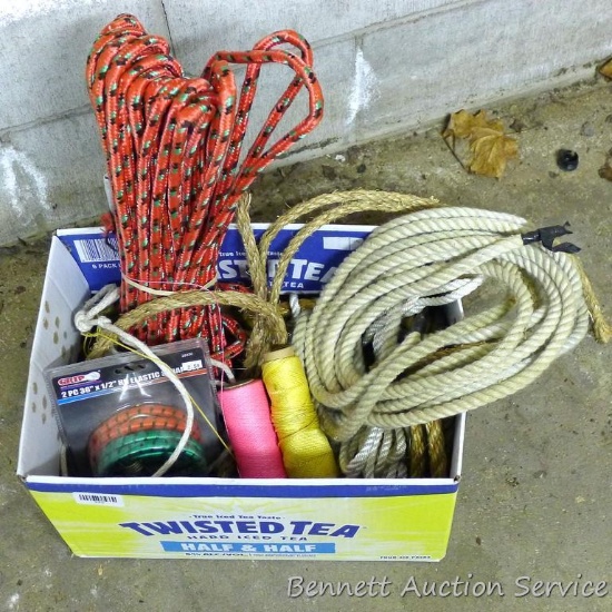 Assortment of rope, various lengths and sizes box is 15" x 10" x 10".