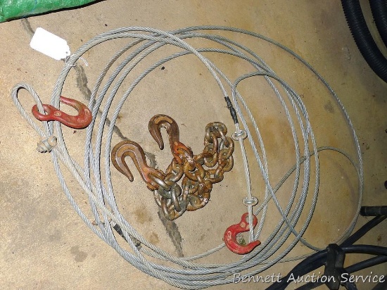 25 foot 3/8" cable with slip hooks; 3/8" chain 40" long with grab hooks.