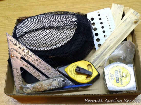 Pair of knee pads; carpenter's square; tape measure and more.