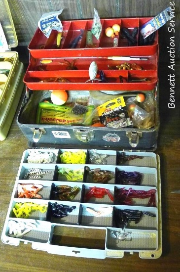 Metal 2 tray tackle box filled with lures, bobbers, hooks and more; Plastic lure caddy filled with