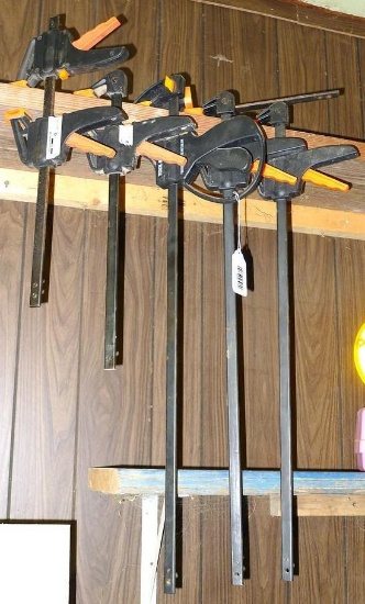 Tool Shop Quik Ratcheting bar clamps and more. Largest is 32" long. One clamp is missing an end.