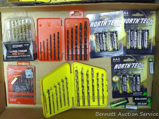 Metal drill bits; AAA, AA rechargeable solar landscape batteries, appear NIP.