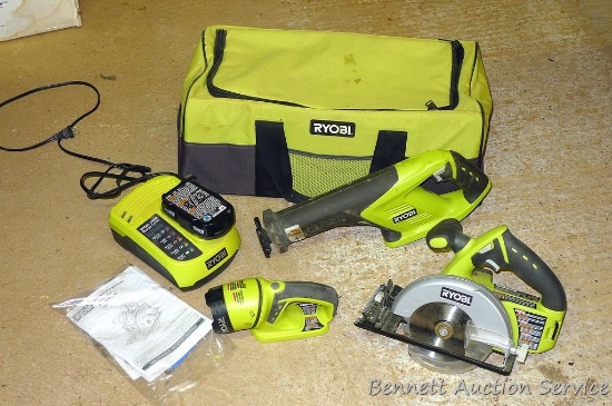 Ryobi tool kit. Includes sawzall, circle saw, flashlight, charger and one battery. Battery is 18V