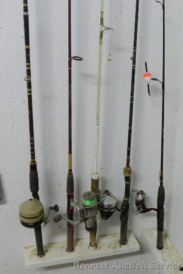 Five fishing rods 4 with reels, tallest is 80" includes