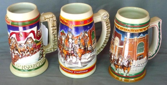 1997-1999 Budweiser Holiday beer steins, largest is 7" tall. All are in good condition. No cracks or