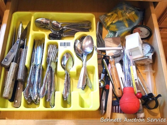 Stainless flatware; paring knives; silverware sorter; cheese slicer; baster; thermometers; shears;