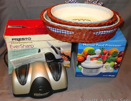 KitchenWorthy Manual Food Processor; Presto EverSharp electric knife sharpener; Set of 2 glass
