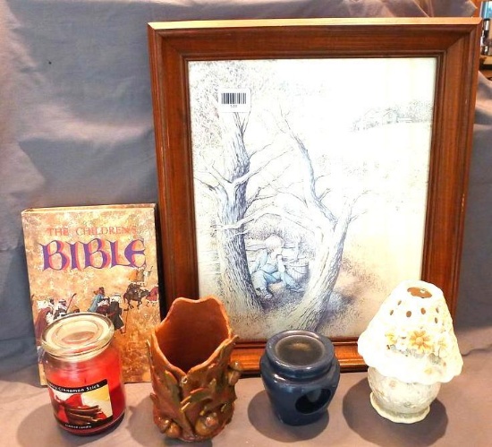 Nicely framed picture of boy by tree signed E. Hale 17" x 20"; The Children's Bible 7-1/2" x