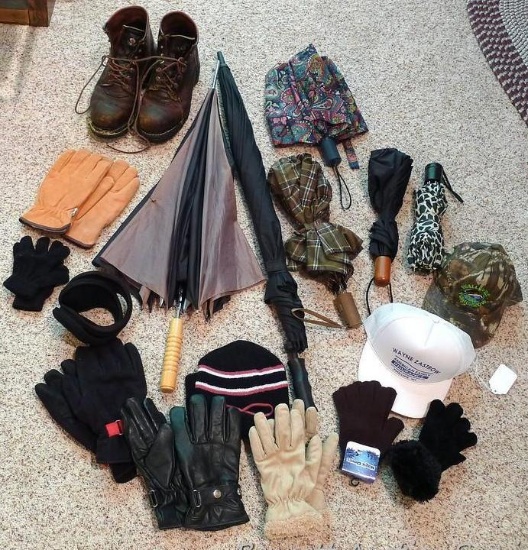 Five collapsible umbrellas; 2 large umbrellas; pair of Carolina safety toe work boots, seller states