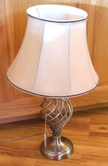 Lamp 26" tall, base is 6" diameter with 3 way light switch. Shade is 15" at the widest point.