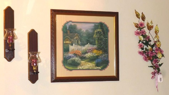 Framed print of a cottage 24" x 24"; pair of wall sconces 17" tall; metal leaf decorative wall
