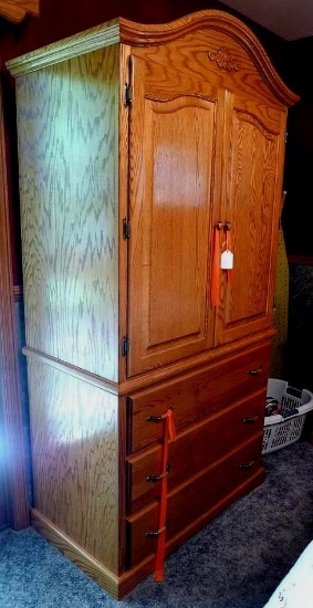 Wolfcraft armoire made of oak has 3 shelves and 3 drawers. All work good. 39" wide x 22" deep x 78"