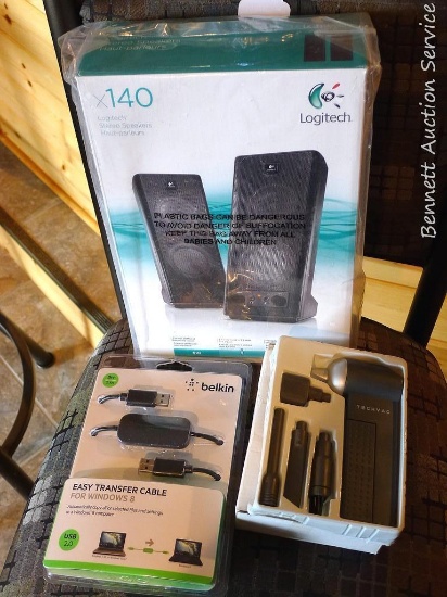 Logitech stereo speakers are new in package; Belkin easy transfer cable for Windows 8; Gateway 2000