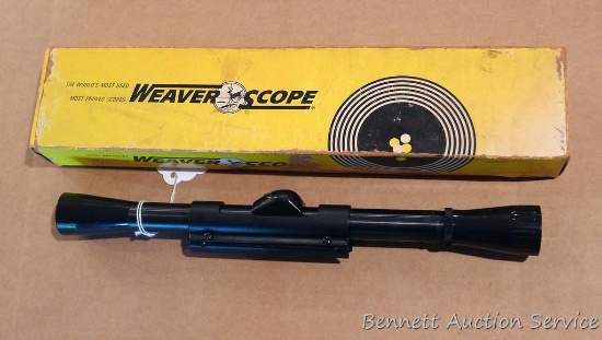 Weaver Model C4 rifle scope in a Weaver .22 Tip-Off mount. Scope is clear, cross hairs look good.
