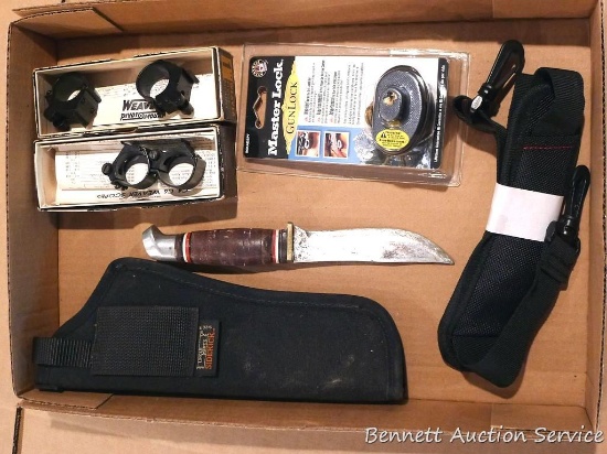 Weaver 1" pivot mounts in original boxes; MasterLock brand trigger lock; rifle sling; Uncle Mike's