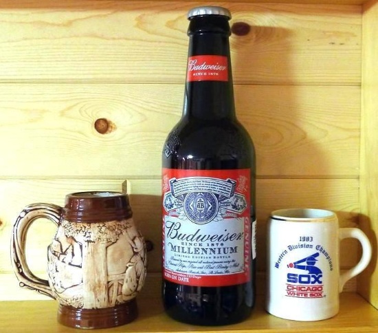 15" glass Budweiser decorator bottle; plus a whiteware stein and 1983 White Sox mug.