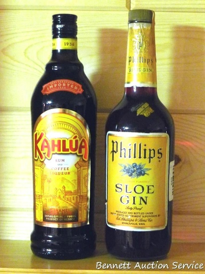 No shipping. Old bottle of Sloe Gin and a bottle of Kahlua. Each 11" tall. Both unopened, must be 21