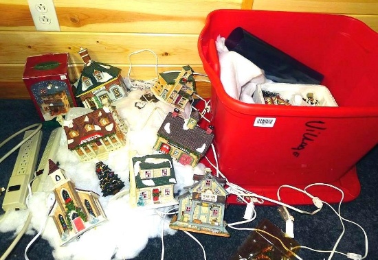 Christmas village pieces including two power strips;