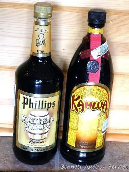 No shipping. Liter bottle of Phillips Root Beer Schnapps and a liter bottle of Kahlua. All unopened,