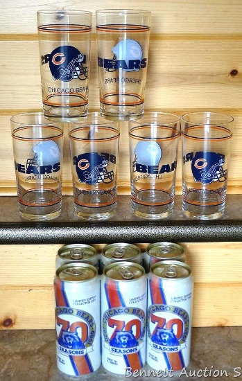 6 pack of 1989 Chicago Bears beer. Plus six Chicago Bears glasses each 6" tall. No shipping.