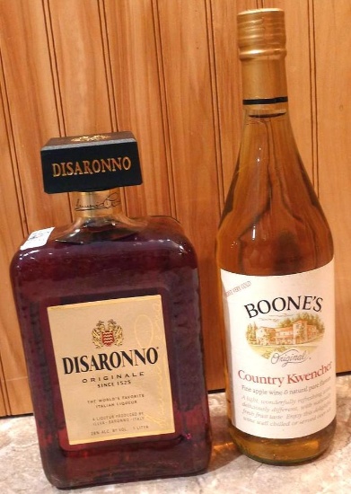 No shipping. 1 liter bottle Disaronno and a bottle of Boone's Country Kwencher. Unopened, must be 21