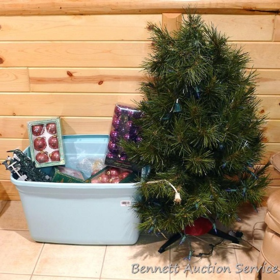 Tote filled with Christmas decorations, mostly pink tones; plus a faux 3-1/2' tall Christmas tree.