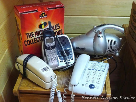 Shark Intelli-Sense hand vac; Uniden cordless phone; GE, AT&T, plus another corded telephone.