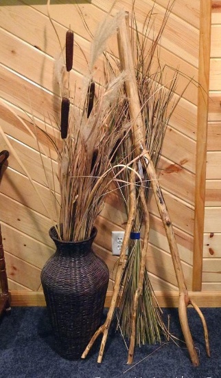 Cattail, dried grass and other decorations stand over 4' tall. No shipping.
