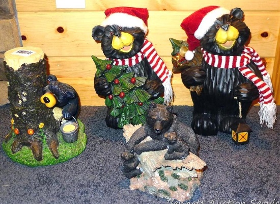 Black bear Christmas decorations, largest is over 12" high.