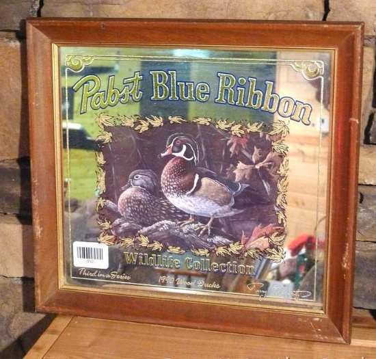 Pabst Blue Ribbon 1990 Wood Ducks beer mirror is 15" across.
