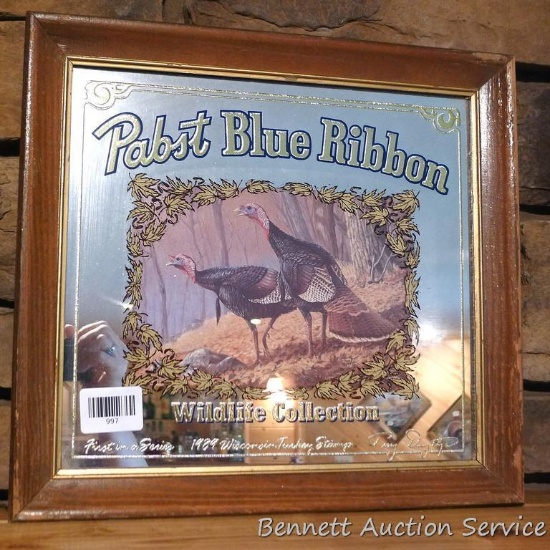 Pabst Blue Ribbon 1989 Wisconsin Turkey Stamp beer mirror is 15" across.
