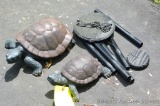 Two ceramic garden turtles, plus a set of windchimes. Larger turtle is approx. 13
