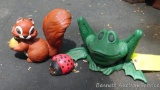 Three garden pieces including frog, ladybug and squirrel. Frog measures approx. 13