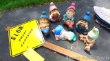 Dwarf crossing sign with six little garden dwarfs. Sight is approx. 4-1/2', dwarfs are each approx.