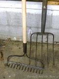Fiberglass handled garden rake; vintage pitch fork 61