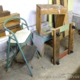 Metal folding stool; 2 wooden stools 17-1/2