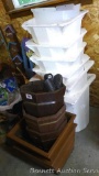 Six styrofoam plant protectors; two square wooden planters, 16