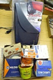 Set of automotive mud flaps NIP; oil filter; light bulb; wheel bearing grease.