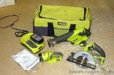 Ryobi tool kit. Includes sawzall, circle saw, flashlight, charger and one battery. Battery is 18V