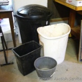 32 gallon trash can; 2 smaller garbage cans and a plastic pail.